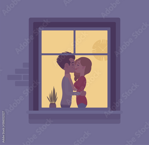 Window at night with a couple kissing behind. Man and woman in love, romantic relationships, renting apartment for meeting, living together. Vector flat style cartoon illustration, evening time house