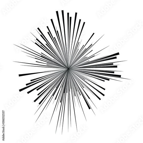 Radial speed Lines in Circle Form for comic books . fireworks Explosion background . Vector Illustration . Starburst round Logo . Circular Design element . Abstract Geometric star rays . Sunburst .