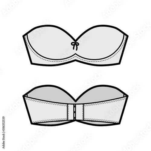 Bra strapless balconette lingerie technical fashion illustration with molded cups, hook-and-eye closure. Flat brassiere template front, back grey color style. Women men unisex underwear CAD mockup