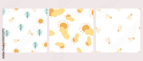 Seamless childish pattern with hand-drawn cloud, sand , star vector illustration. Good for kids theme, textile, fabric, stationary, wrapping wrap, card.
