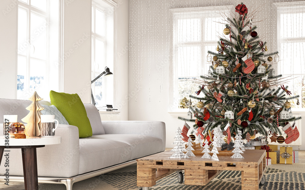 New year tree in scandinavian style interior with christmas decoration and fireplace	