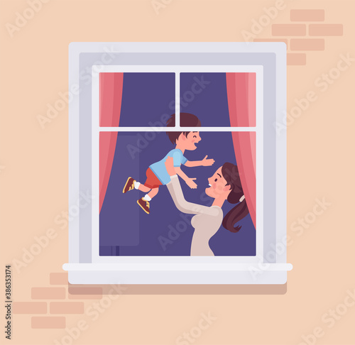 Window with a happy mother and little kid behind. Homebody family spending time staying home to enjoy safe comfortable private and personal life indoors. Vector flat style cartoon illustration