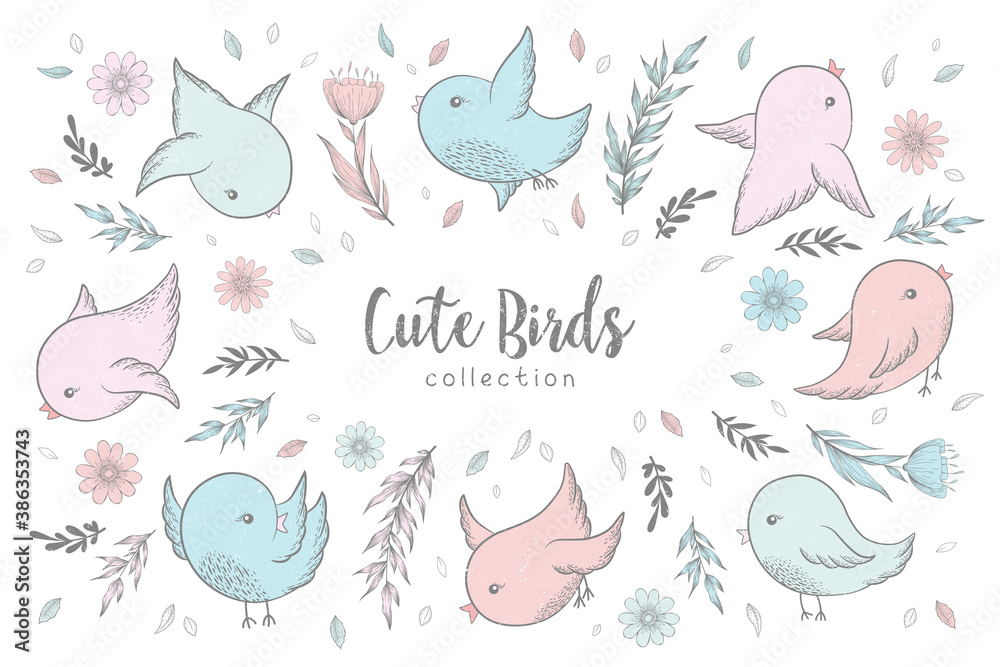 Vector illustration with collection of hand drawn cute birds, branches, leaves, flowers in pastel colors isolated on white background. Design for room decoration, print, fabric, wallpaper, card