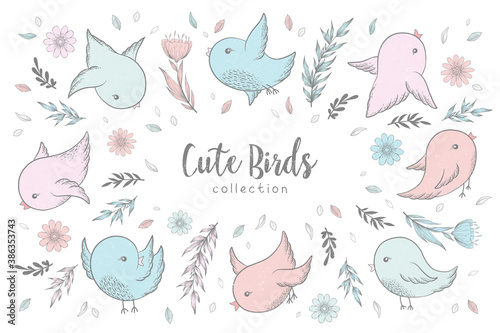 Vector illustration with collection of hand drawn cute birds, branches, leaves, flowers in pastel colors isolated on white background. Design for room decoration, print, fabric, wallpaper, card