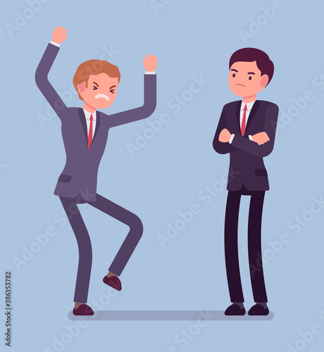 Conflict of interest for businessmen, professional, business, individual benefit. Men handling difficult emotions in professional life, work, non-fair trade. Vector flat style cartoon illustration