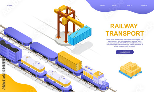 Freight rail transport concept. Freight wagons, cisterns and containers stand on loading or unloading at a freight station with a crane girder. Isometric cartoon vector illustration. Website template.