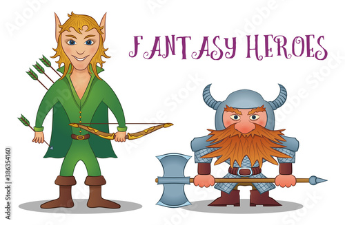 Fantasy Heroes, Elf Archer with Bow and Arrows and Dwarf, Warrior in Armor with Helmet and Battle Ax, Funny Comic Cartoon Characters. Vector