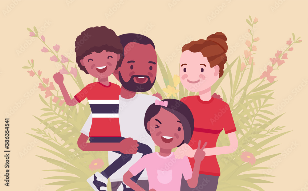 Multicultural happy family, parents and kids of different race, culture. Father, mother, son, daughter portrait, four members posing together, smiling in love. Vector flat style cartoon illustration Multicultural happy family, parents and kids of different race, culture. Father, mother, son, daughter portrait, four members posing together, smiling in love. Vector flat style cartoon illustration