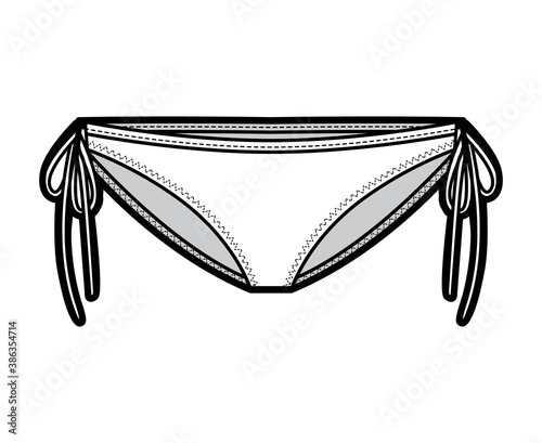 String bikinis fashion illustration with side ties, elastic waistband, low rise. Flat Mini-knickers panties briefs lingerie template front, white color. Women men unisex underwear CAD mockup