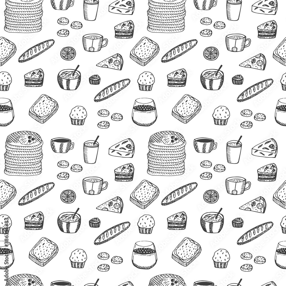 Seamless pattern hot Breakfast, vector illustration, pancakes, drinks, pastries, desserts, sandwich, pizza, porridge and yogurt with berries, hand drawing