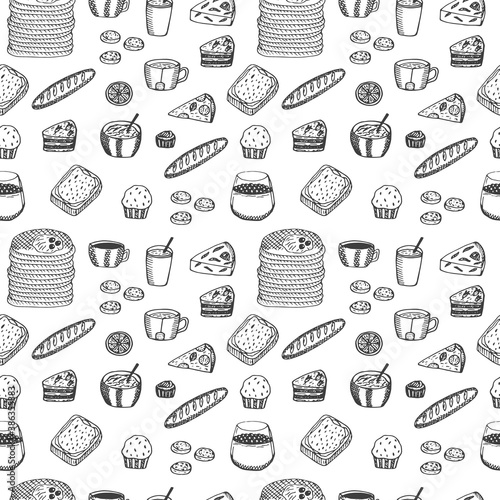 Seamless pattern hot Breakfast, vector illustration, pancakes, drinks, pastries, desserts, sandwich, pizza, porridge and yogurt with berries, hand drawing