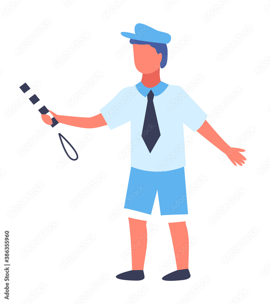 Cartoon character, boy, teenager stand in blue police cap with striped adjusting wand. Traffic controller Safety lessons for children and teens. Play a cop. Flat vector image isolated on white