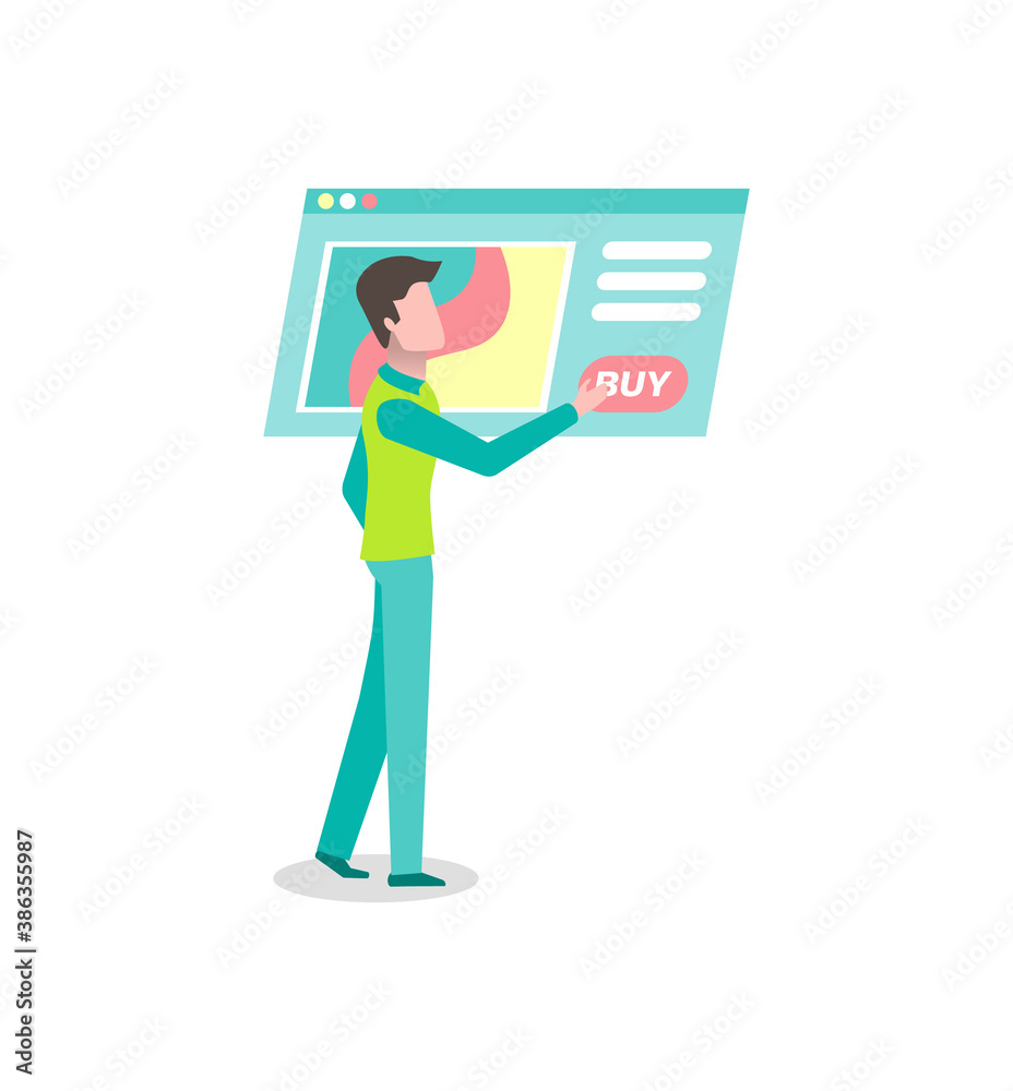 Man using website for shopping, male pressing buy button, screen of commerce web page. Interface of payment app, person making purchases online vector