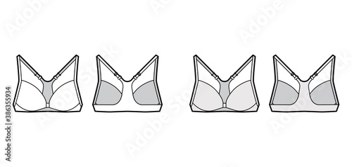Bra racerback front closure lingerie technical fashion illustration with adjustable shoulder straps. Flat brassiere template front, back white grey color style. Women men unisex underwear CAD mockup