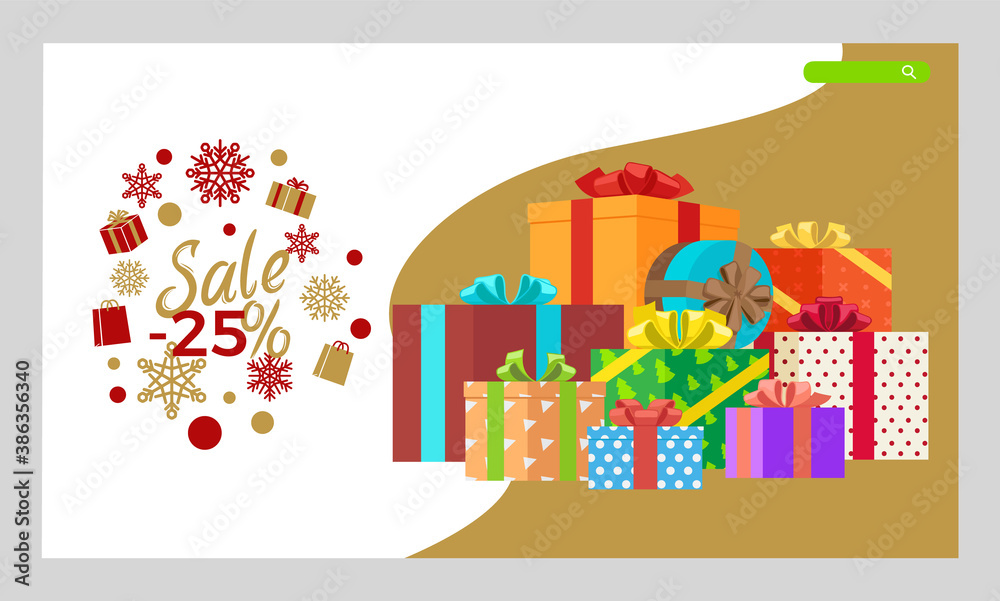 Christmas shopping and gifts stack website landing page template vector. Buying presents on Xmas sale, winter holiday clearance or discount web banner. Winter off or price reduction illustration