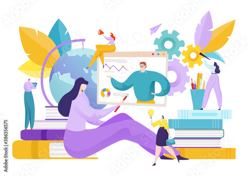 Education in computer, vector illustration. People character distance app communication concept, flat courses with book. Adult person use online application for cartoon assistance.