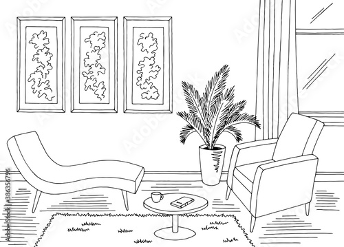 Psychologist office graphic black white interior sketch illustration vector