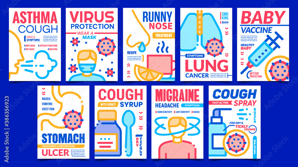 Disease And Treatment Promo Posters Set Vector. Asthma And Migraine Disease, Virus Protection Mask And Cough Spray Collection Advertising Banners. Concept Template Style Color Illustrations