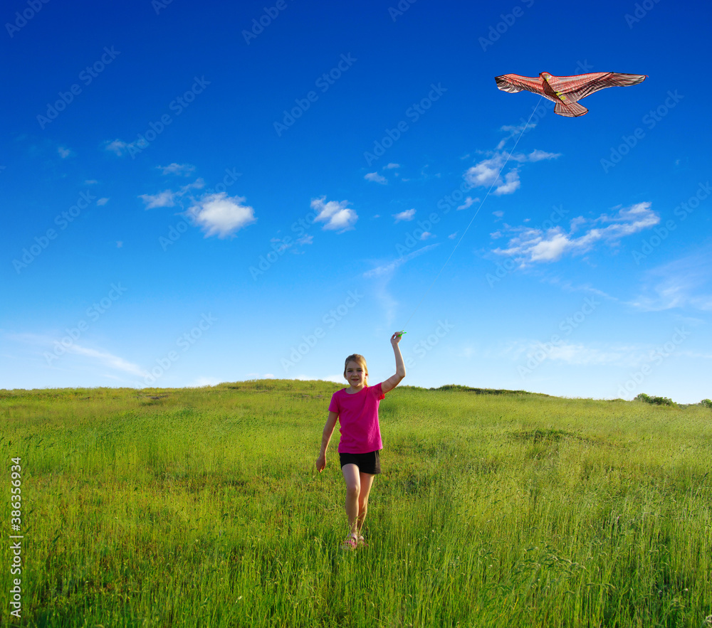 Young girl playing with flying kite on meadow. Young girl playing with flying kite on meadow.