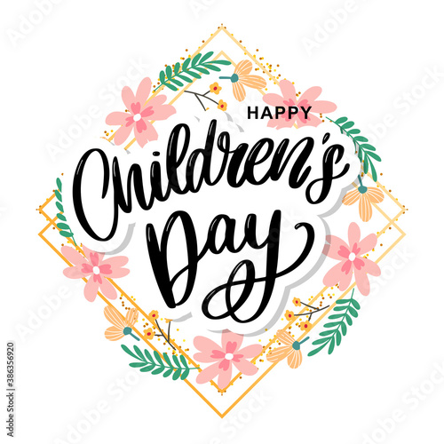 happy children s day  cute vector greeting card with funny letters in scandinavian style and cartoon landscape