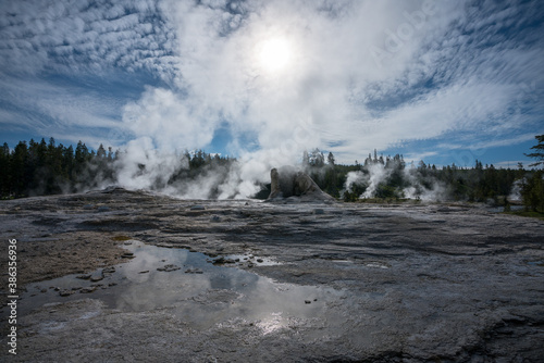 hydrothermal areas of upper geyser basin in yellowstone national park, wyoming in the usa