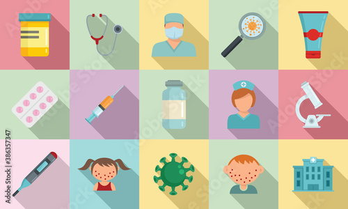 Chicken pox icons set. Flat set of chicken pox vector icons for web design