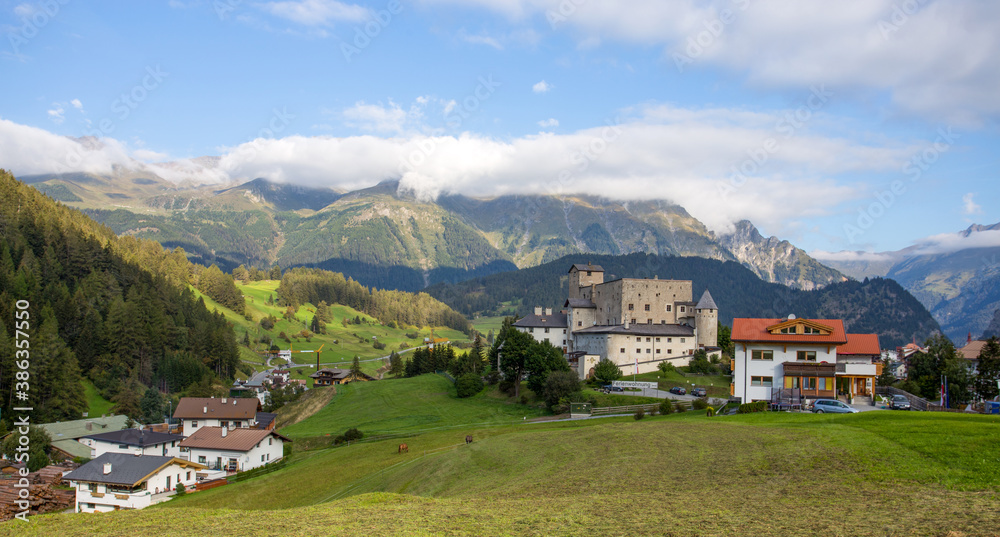 Nauders landscape with Naudersberg Castle, Landeck district, Tyrol, Austria.