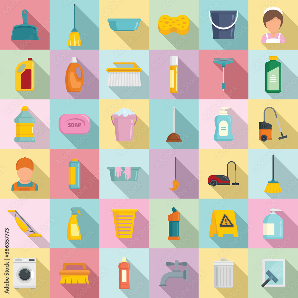 Cleaning services icons set. Flat set of cleaning services vector icons for web design