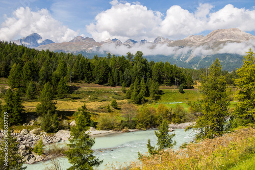 Mountain and natural landscape near the Bernina Pass in Switzerland in summertime.