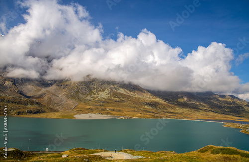 Landscape at Bernina Pass with the White Lake between Italy and Switzerland in summertime.