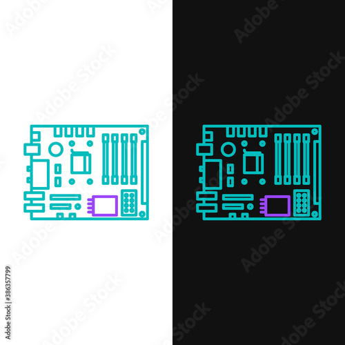 Line Electronic computer components motherboard digital chip integrated science icon isolated on white and black background. Circuit board. Colorful outline concept. Vector.