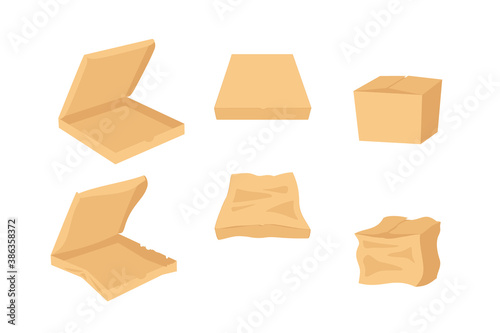 Cardboard boxes for pizza on a white background. Crumpled fractured boxes, careless delivery of goods and products. Design element, modern illustration.