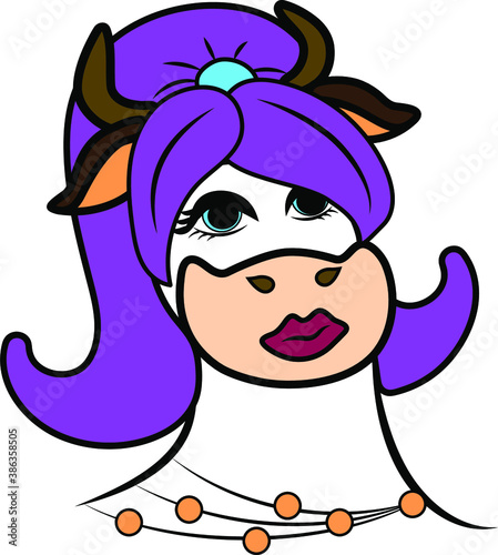humanized portrait of a cow in a hairstyle with a purple ponytail, drawn in vector, on a white background in isolation