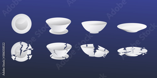 A set of white dishes on a dark blue background. Soup plates and saucers. Disassembling dishes. Fracture plates.