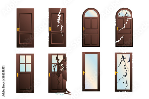 A set of strict dark wood doors with glass inserts. Broken doors, repair and replacement of entrance doors.