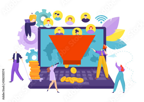 Business generation conversion to coin, digital filter vector illustration. People with finance funnel concept, internet marketing. Flow optimization process, flat management design.