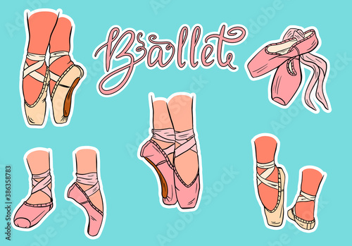 A set of ballet shoes. Women's legs in ballet shoes. Ballet shoes, pointe shoes. Vector set