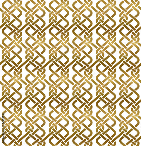 Traditional repeatable background of golden twisted strips. Swatch of gold plexus of bands. Modern seamless pattern.