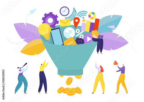Business digital marketing with funnel, vector illustration. Internet media optimization, people social strategy concept. Costumer conversion with lead management and money filter.