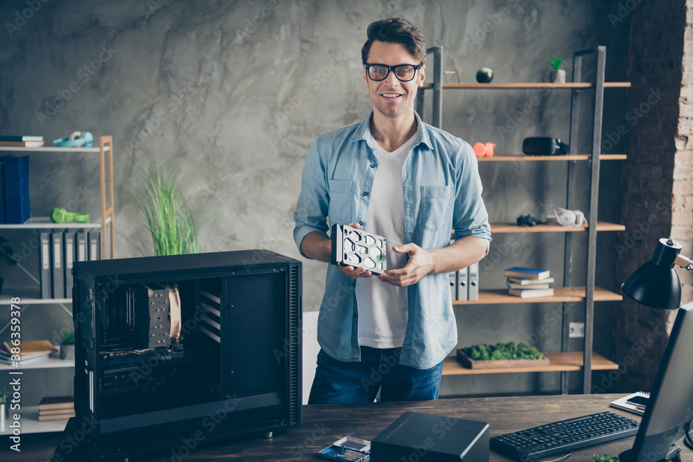 Portrait of his he nice attractive cheerful cheery confident professional guy geek technician repairing hardware company owner at modern loft industrial home office work place station - obrazy, fototapety, plakaty 