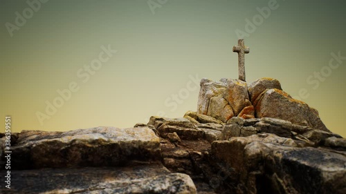 stone cross on the rock Beg Ar Groas photo