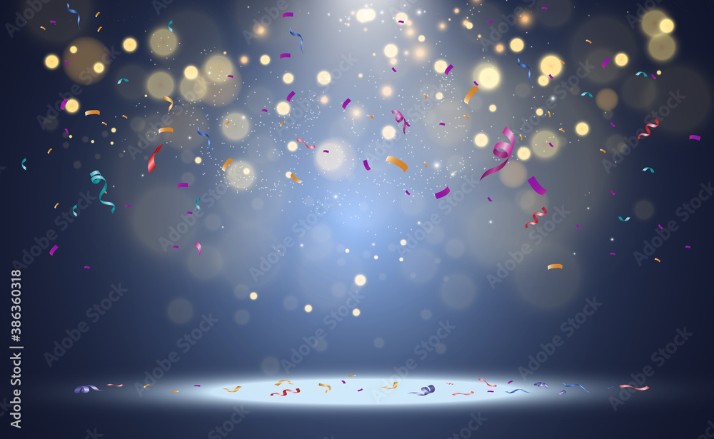 Lots of colorful tiny confetti and ribbons on transparent background. Festive event and party. Multicolor background.Colorful bright confetti isolated on transparent background - obrazy, fototapety, plakaty 