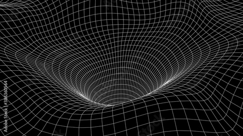 Futuristic black funnel. Wireframe space travel tunnel. Abstract wormhole with surface warp. Vector illustration.