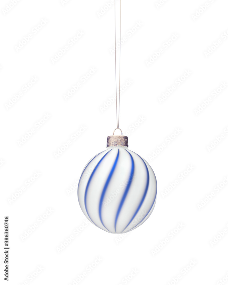Matt white Christmas ball decorated with twisted royal blue stripes. Matt white Christmas ball decorated with twisted royal blue stripes.