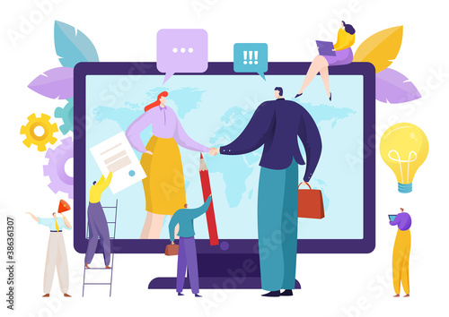 Business agreement concept, flat partnership deal vector illustration. Businessman woman make finance contact and handshake. Success online teamwork, partner people hold hand in office.