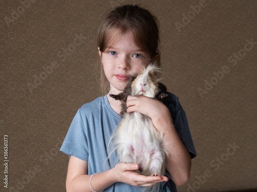 Obraz na płótnie Little girl holding a guinea pig in her arms, love of children and animals, pet concept w salonie