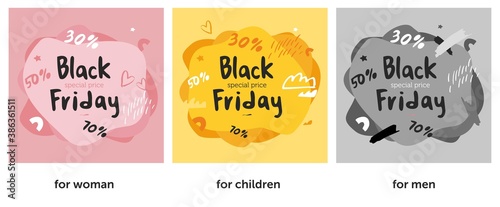 Set of square banners for sale for men, women, and children. Lettering black Friday isolated on a colored abstract background. Poster concept for special prices and promotions. Vector illustration