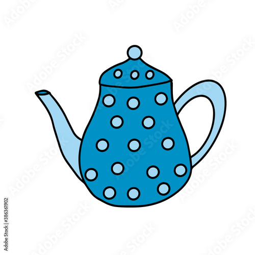 Linear sketch of a blue teapot in the style of doodles. Kitchen assistants. Isolated on a white background, stock vector illustrations.