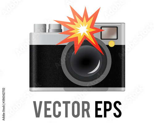 Vector classic profession black, silver casing camera emoji icon with lens, flash