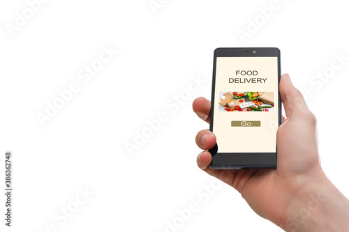 Hand holding mobile with Order food with white background, Order food online business concept.